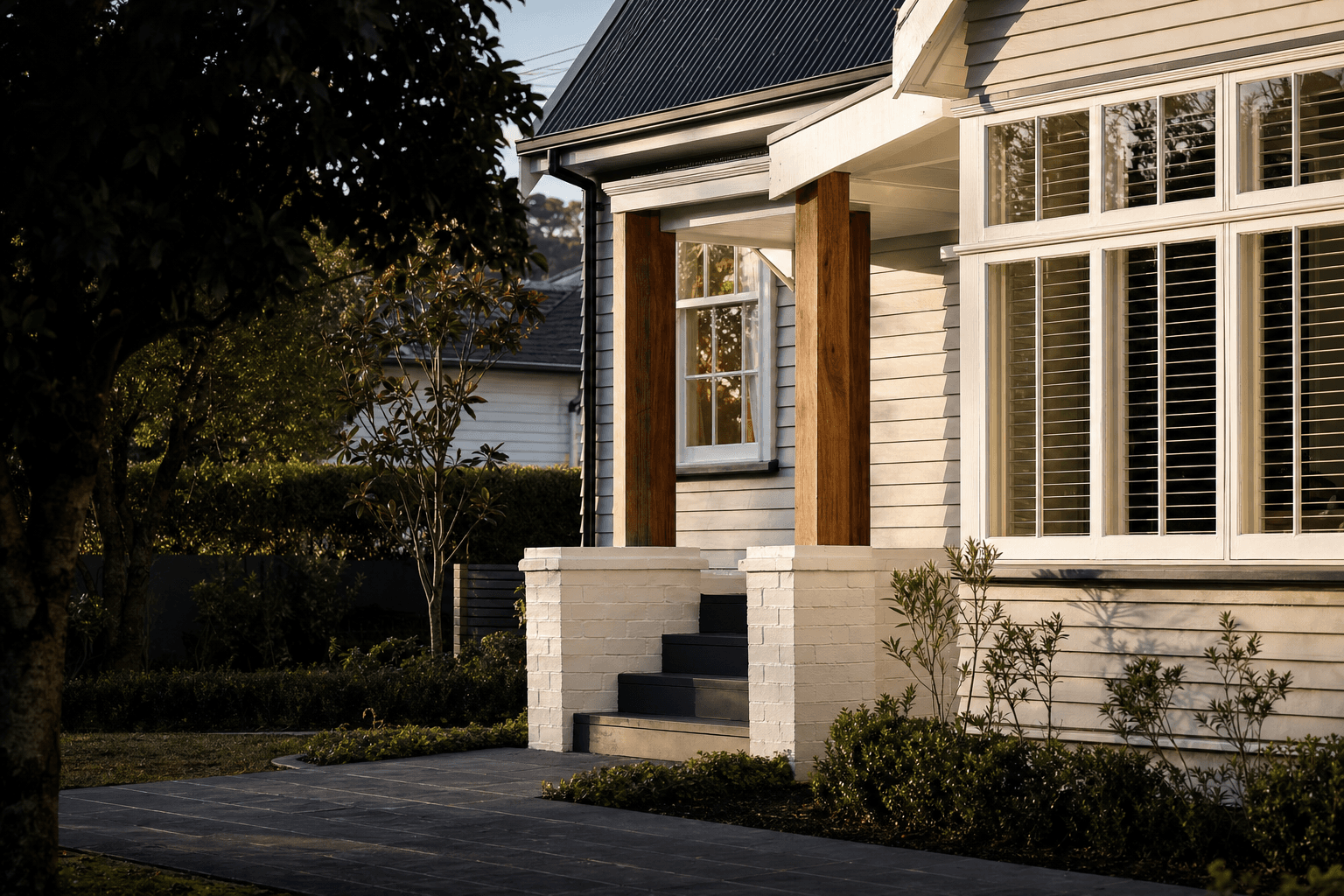 A well-maintained Auckland home exterior with timber and painted details