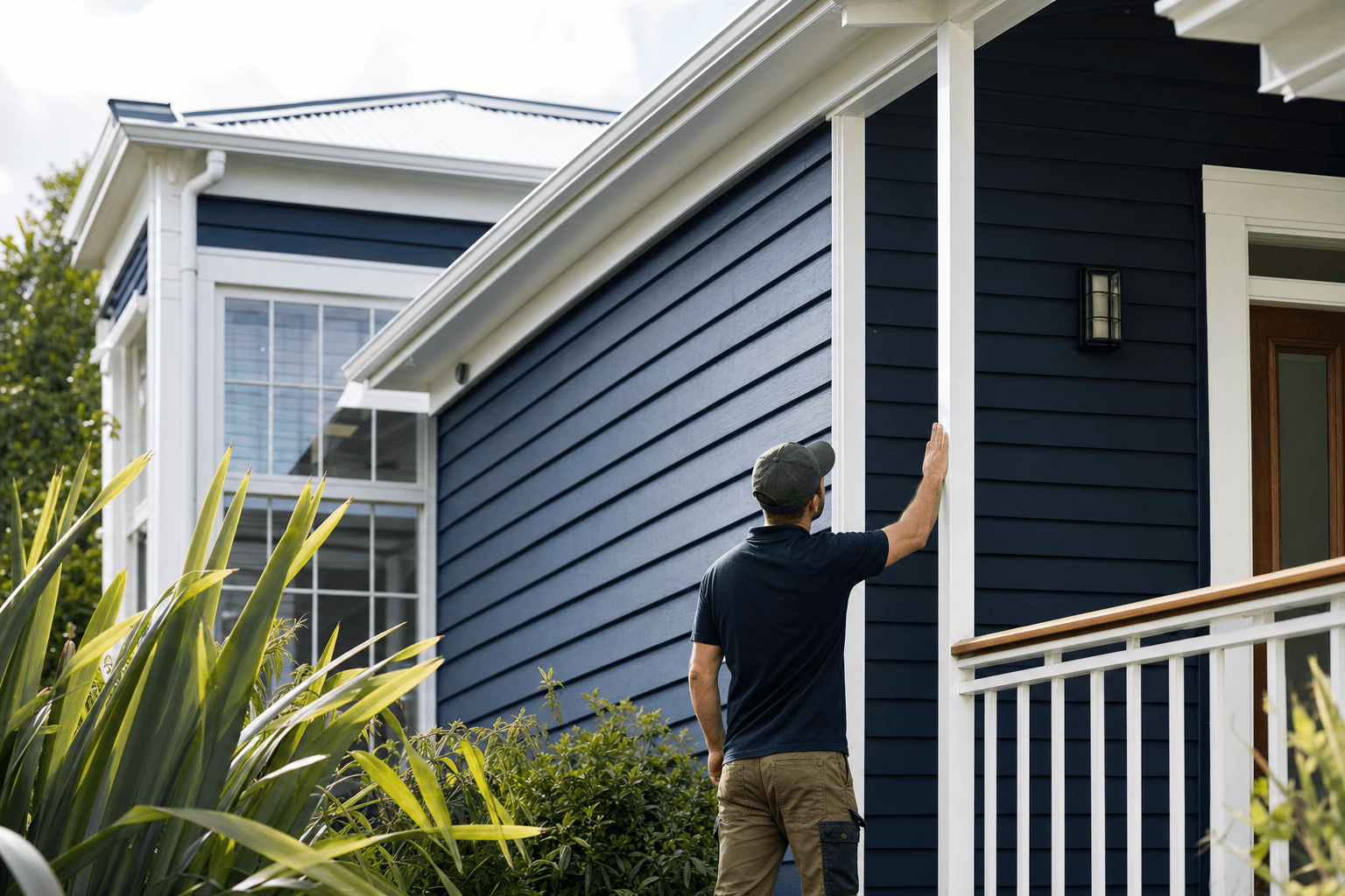 A tradesperson checking painted exterior weatherboards